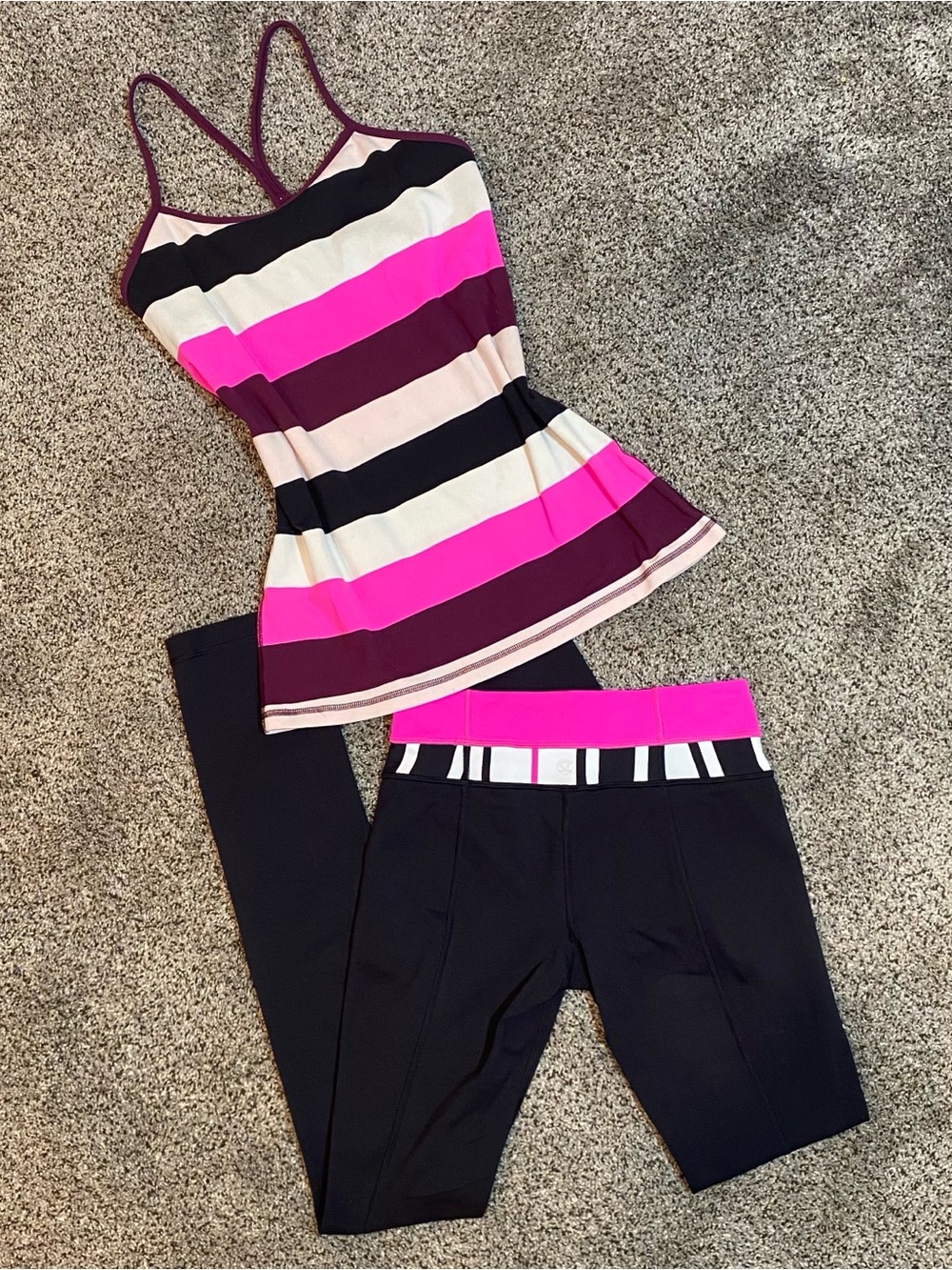 lululemon athletica Black Leggings with Hot Pink Waistband and Striped Tank